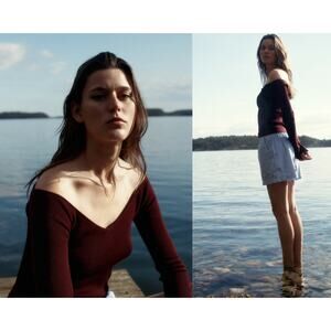 H&M Women's Burgundy Rib Knit Off-the-Shoulder Long Sleeve Slim Top Medium NWT